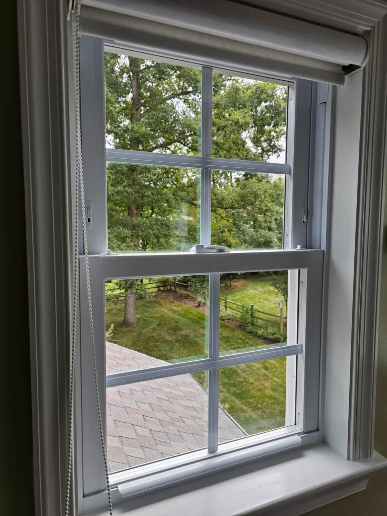 White double-hung window with divided panes overlooking a garden and roof.