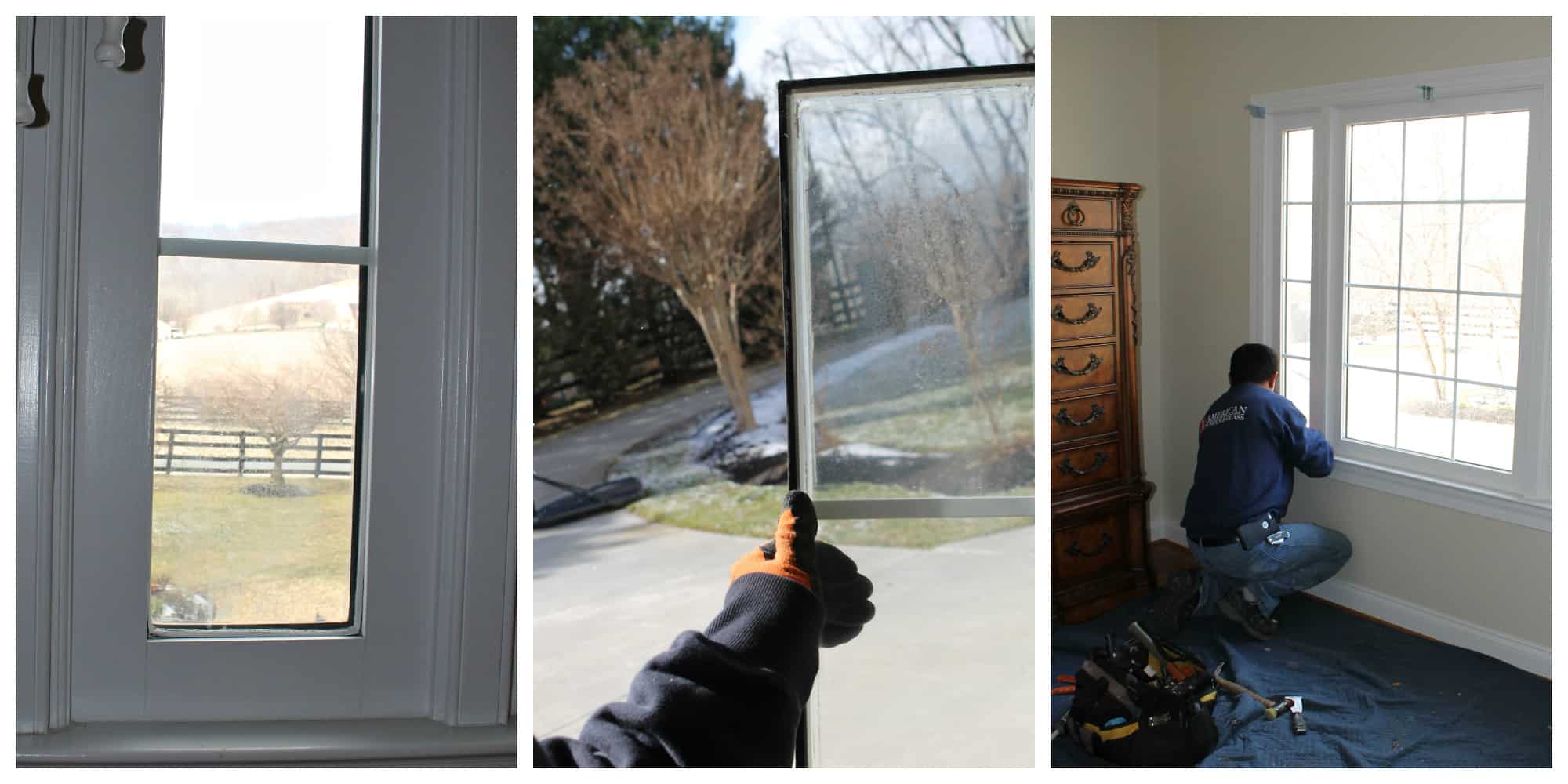 Three photographs show a residential window, a removed glass unit, and a technician working at the window.