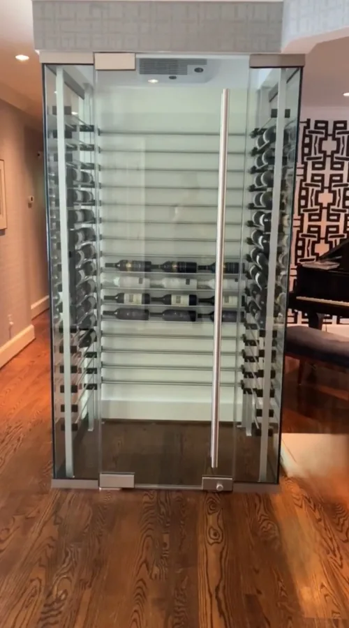 Glass wine cabinet with a full-height door and metal handle.