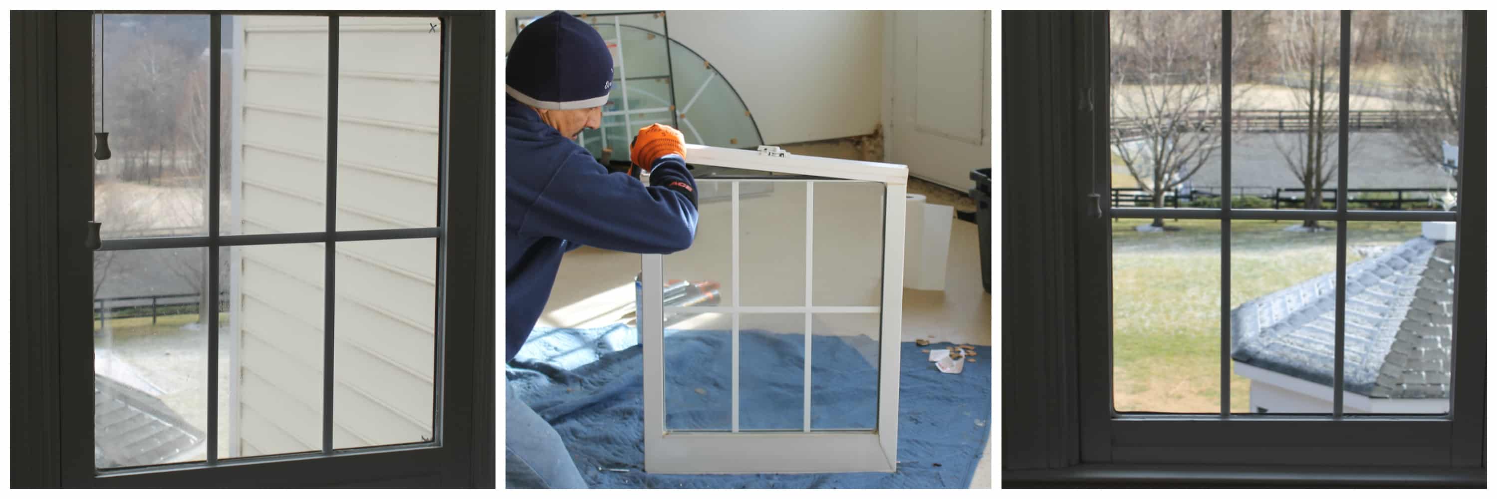 Three views of a window before glass replacement, sash work and clear glass afterward
