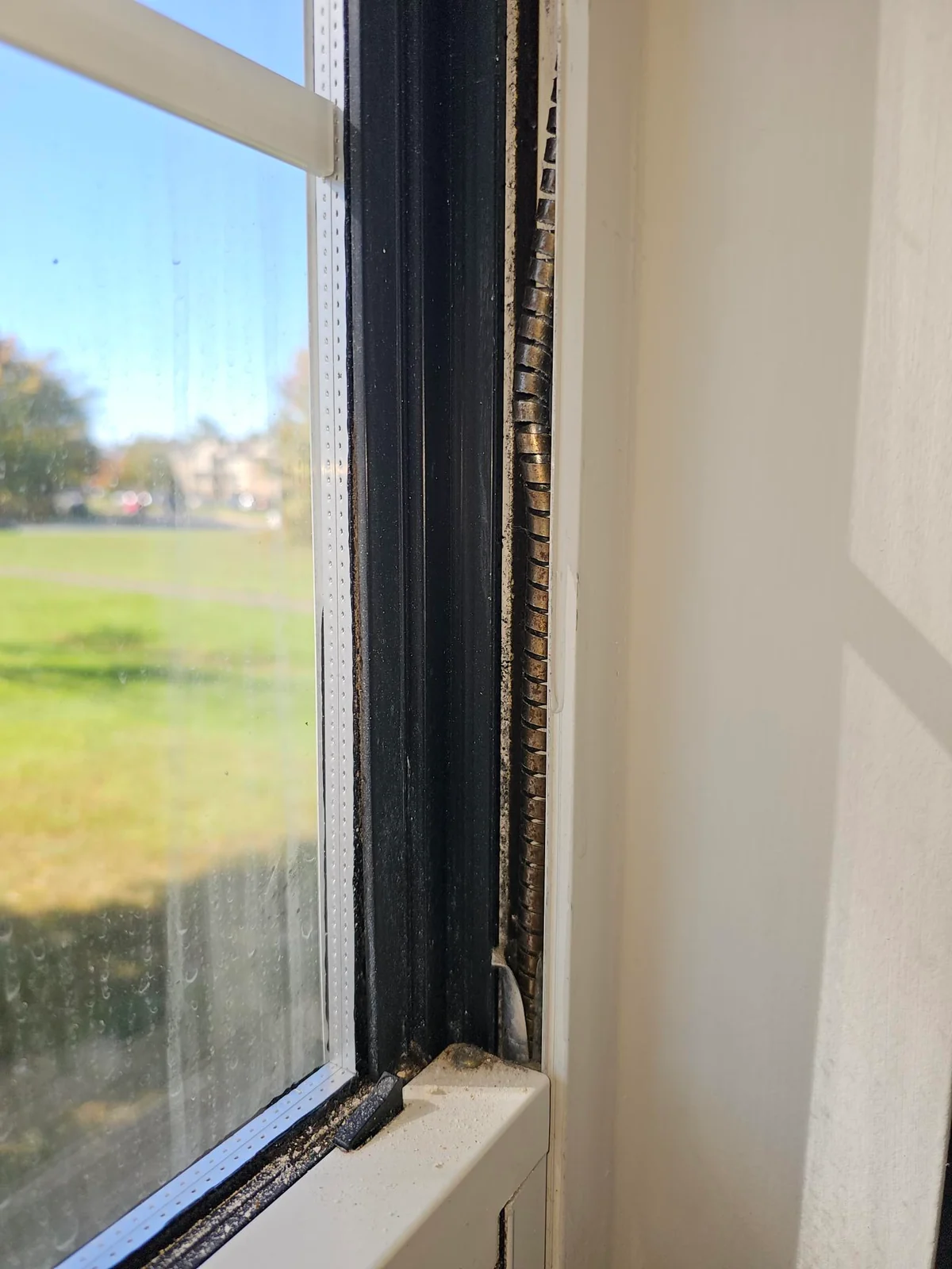An exposed balance spring in the side track of a white window